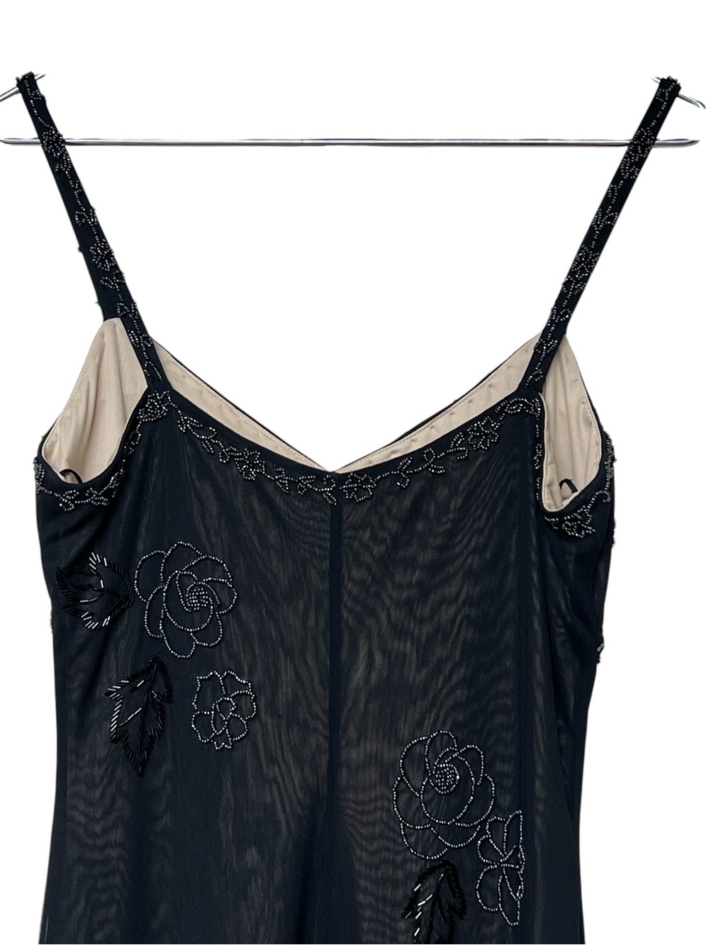 Cache 90s black empire waist floral beaded sheer overlay maxi slip dress - Picture 7 of 15
